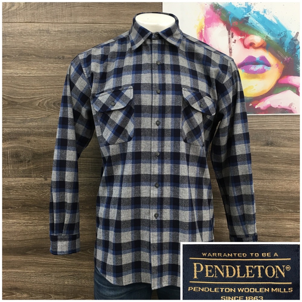 Pendleton Maverick Mens Large Blue Grey Plaid 100% Merino Wool Flannel Shirt